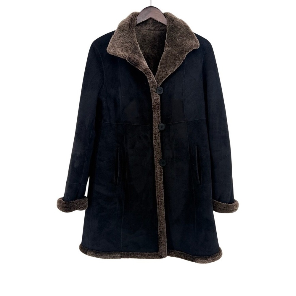 Blue Duck Sheepskin Black Shearling Fur Trim Coat‎ Made in USA Spain Origin Fur